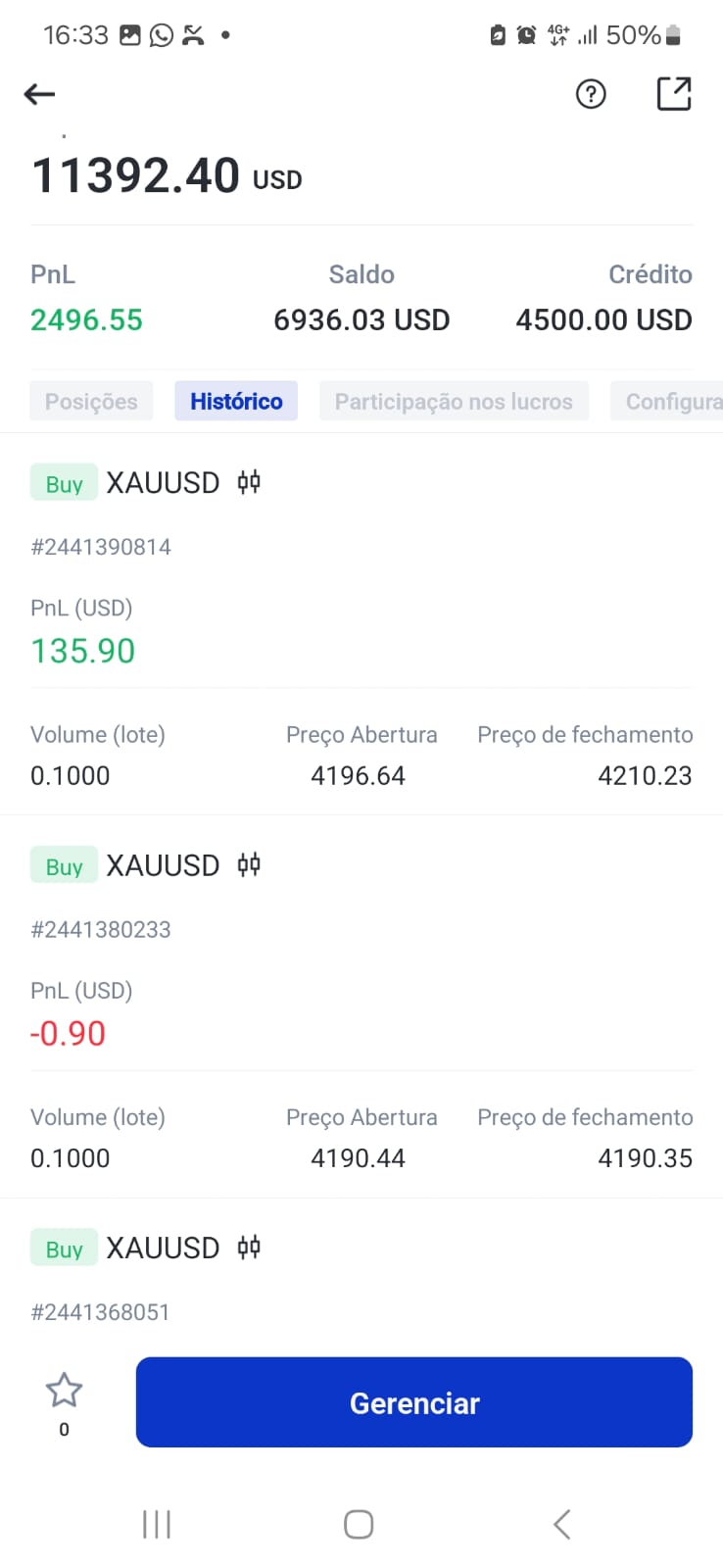 Print de conta real com saldo de $11.392 e lucro de $2.496 em XAUUSD