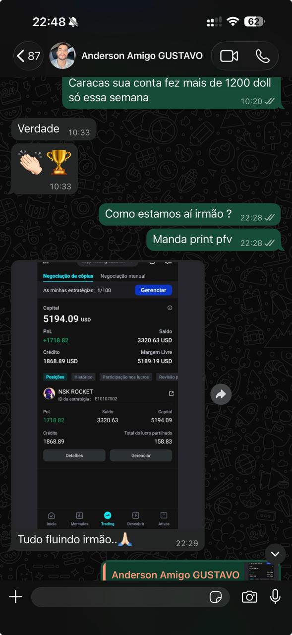 WhatsApp com trader celebrando mais de $1.200 de lucro na semana